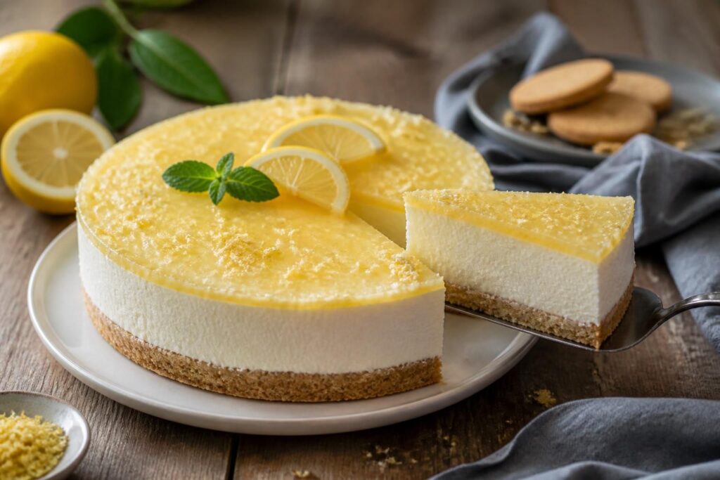 Zitronen-Keks-Torte ohne Backen – Anschnitt mit stabiler Joghurtcreme auf Butterkeks-Boden, dekoriert mit Zitronenscheiben und frischer Minze