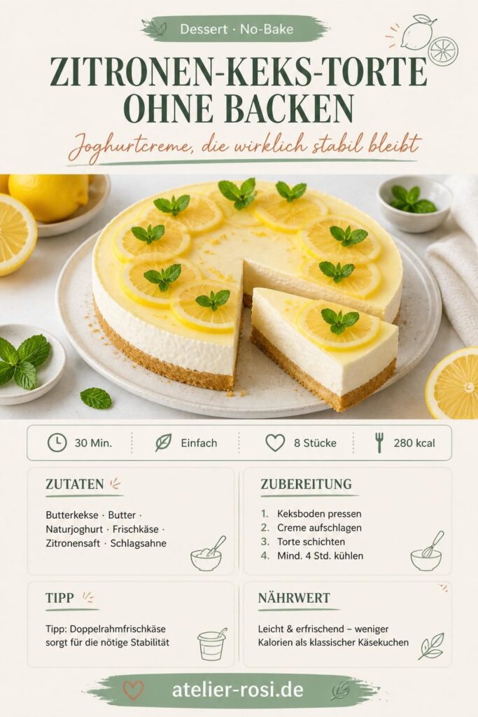 Zitronen-Keks-Torte ohne Backen – Anschnitt mit stabiler Joghurtcreme, dekoriert mit Zitronenscheiben und Minze