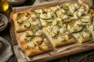 Zucchini-Feta-Fladen vom Blech mit Quark-Öl-Teig, goldbraun gebacken, auf Backpapier mit frischen Kräutern bestreut