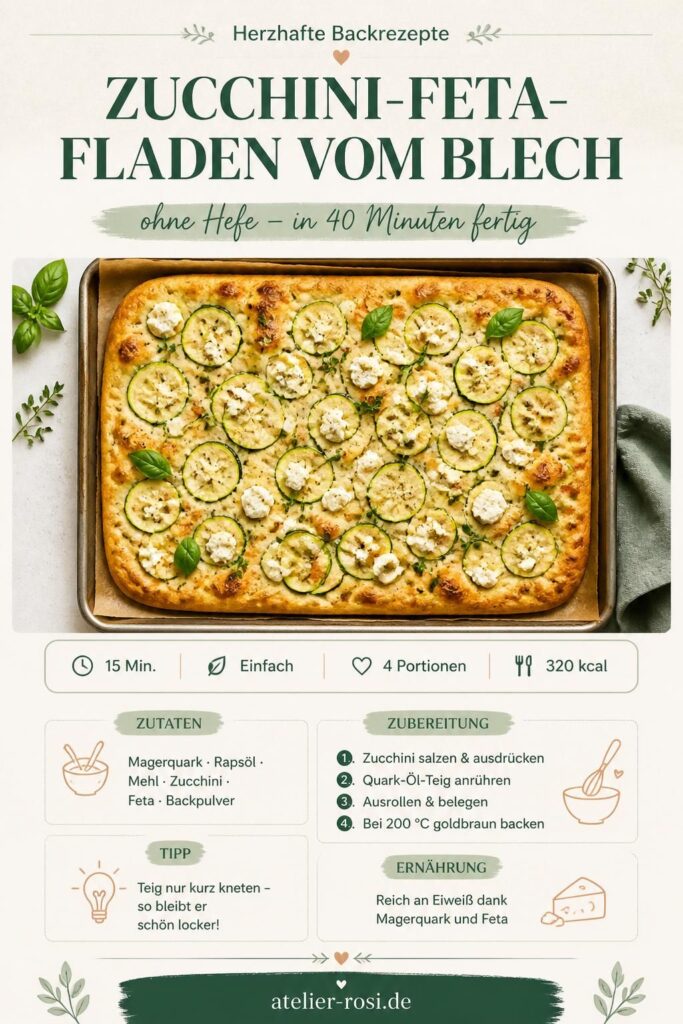 Zucchini-Feta-Fladen vom Blech mit Quark-Öl-Teig, goldbraun, auf Backpapier