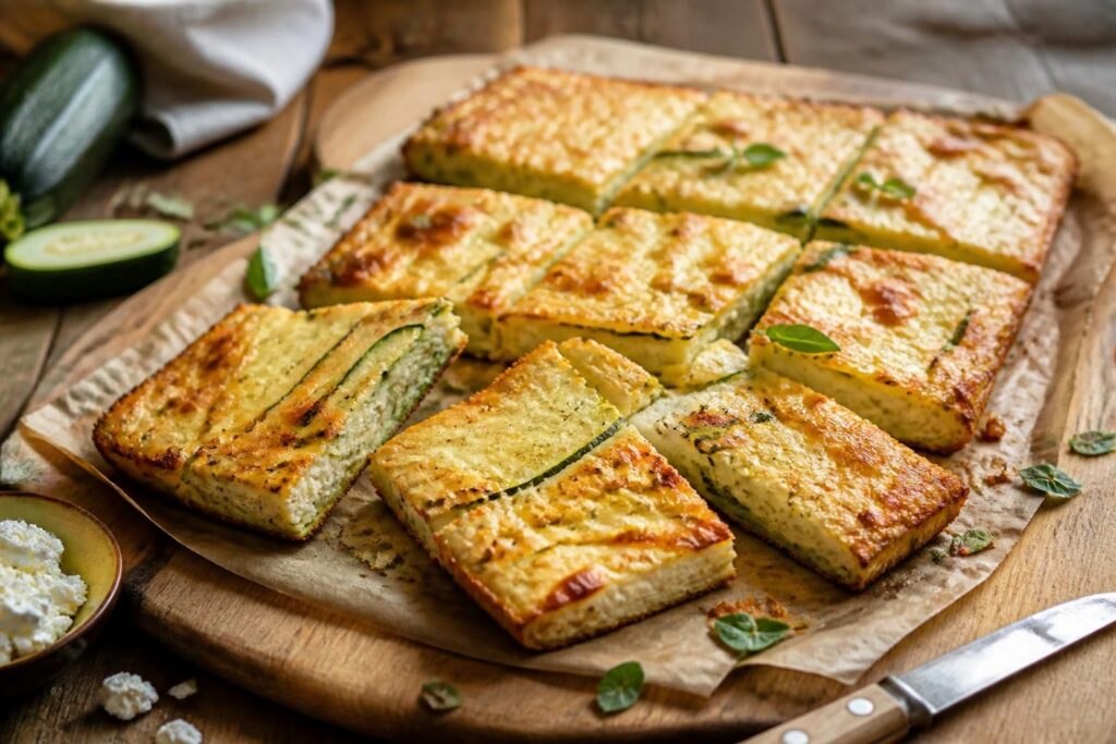 Zucchini-Feta-Kuchen vom Blech, frisch aus dem Ofen, außen goldbraun und knusprig, auf einem Holzbrett in Stücke geschnitten