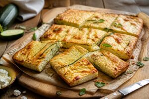 Zucchini-Feta-Kuchen vom Blech, frisch aus dem Ofen, außen goldbraun und knusprig, auf einem Holzbrett in Stücke geschnitten