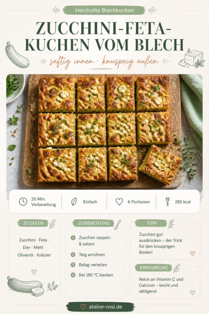 Zucchini-Feta-Kuchen vom Blech, in Stücke geschnitten – Pinterest-Bild