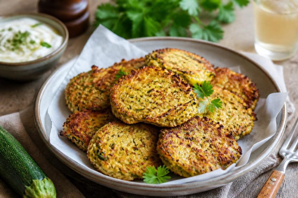 Goldbraune Zucchini-Hafer-Puffer vom Blech mit knusprigen Rändern, serviert mit Joghurt-Kräuter-Dip auf einem Holzbrett