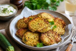 Goldbraune Zucchini-Hafer-Puffer vom Blech mit knusprigen Rändern, serviert mit Joghurt-Kräuter-Dip auf einem Holzbrett