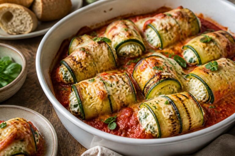 Zucchini-Involtini mit Ricottafüllung in Tomatensauce, frisch überbacken aus dem Ofen in einer Auflaufform