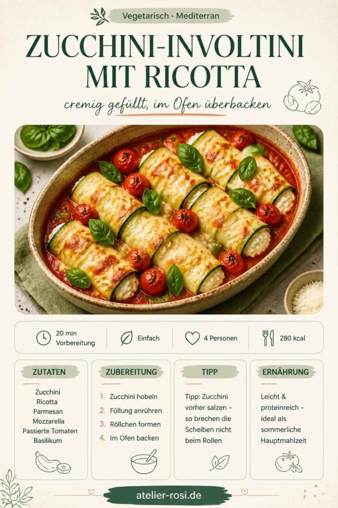 Zucchini-Involtini mit Ricotta in Tomatensauce, überbacken mit Mozzarella – Pinterest-Rezeptbild