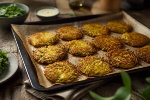Goldbraune Zucchini-Kartoffel-Puffer vom Blech auf Backpapier, außen knusprig und innen saftig, serviert mit Kräuterquark