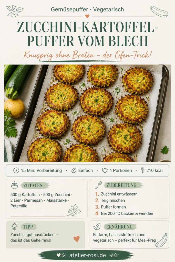 Zucchini-Kartoffel-Puffer vom Blech – knusprig ohne Braten, Pinterest-Rezeptkarte von atelier-rosi.de