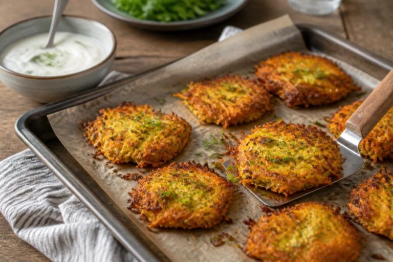 Zucchini-Möhren-Puffer vom Blech, goldbraun und knusprig, auf Backpapier – Draufsicht