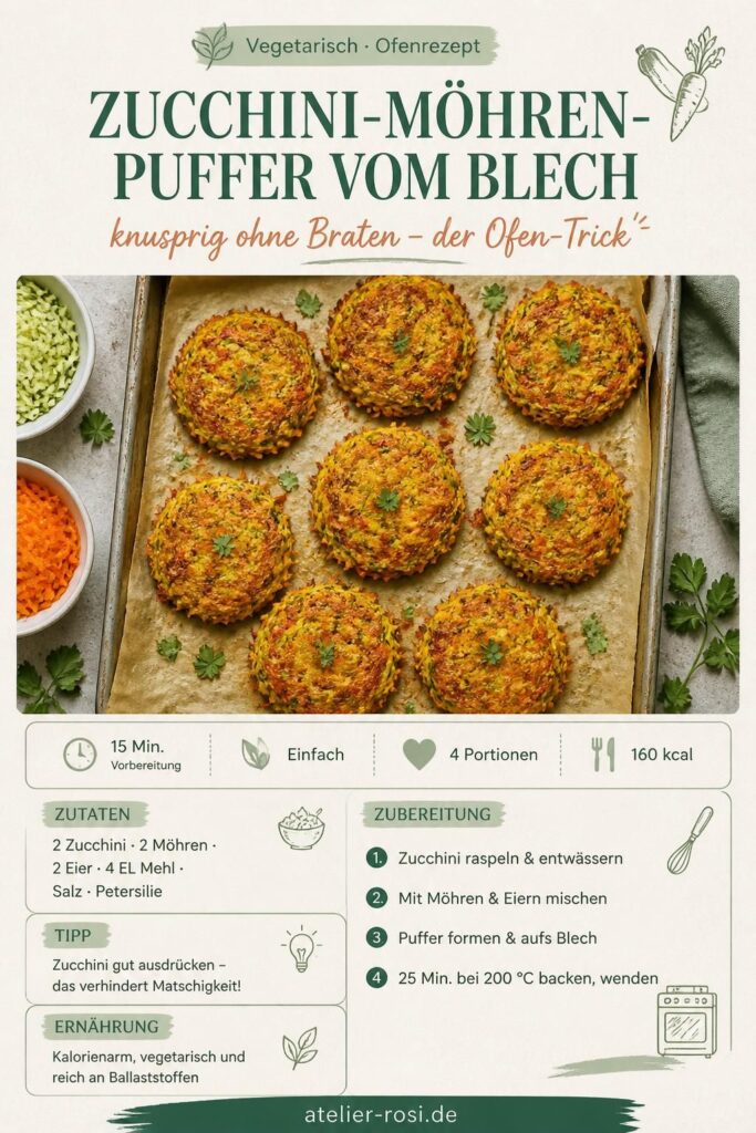 Zucchini-Möhren-Puffer vom Blech, goldbraun auf Backpapier – Pinterest-Bild