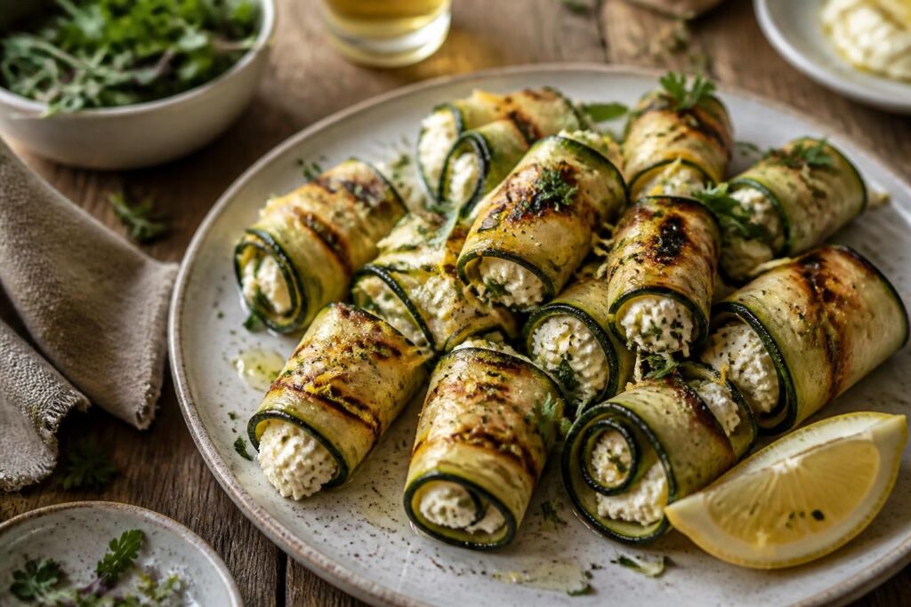 Gegrillte Zucchini-Röllchen mit Feta-Füllung auf einem Holzbrett, bestreut mit frischem Oregano und Zitronenschale