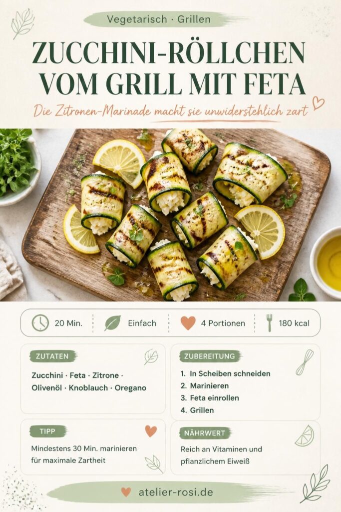 Gegrillte Zucchini-Röllchen mit Feta auf einem Holzbrett, Pinterest-Bild