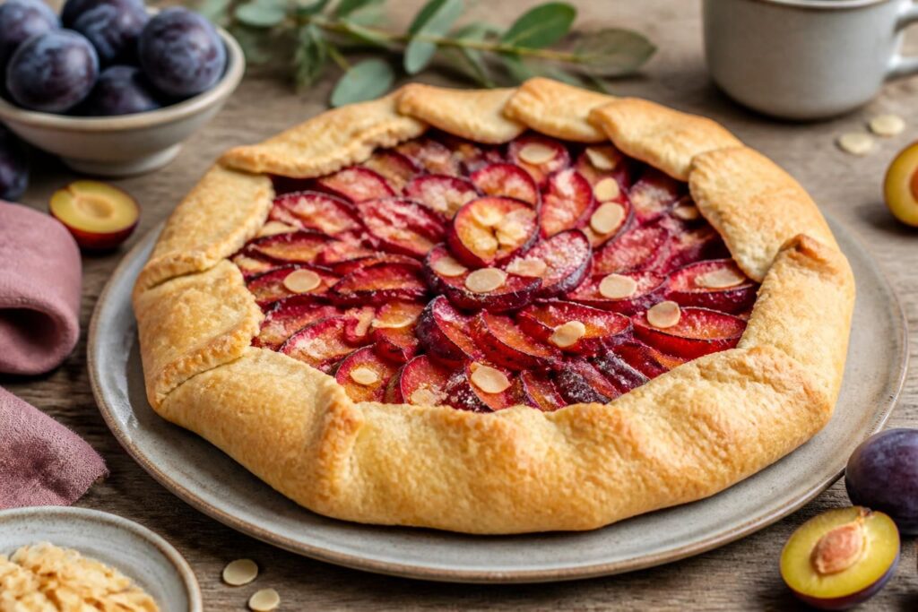 Rustikale Zwetschgen-Galette ohne Hefe auf Backpapier: knuspriger Mürbeteigrand, saftige halbe Zwetschgen mit Zimt und Zucker, goldbraun gebacken