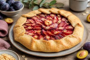 Rustikale Zwetschgen-Galette ohne Hefe auf Backpapier: knuspriger Mürbeteigrand, saftige halbe Zwetschgen mit Zimt und Zucker, goldbraun gebacken