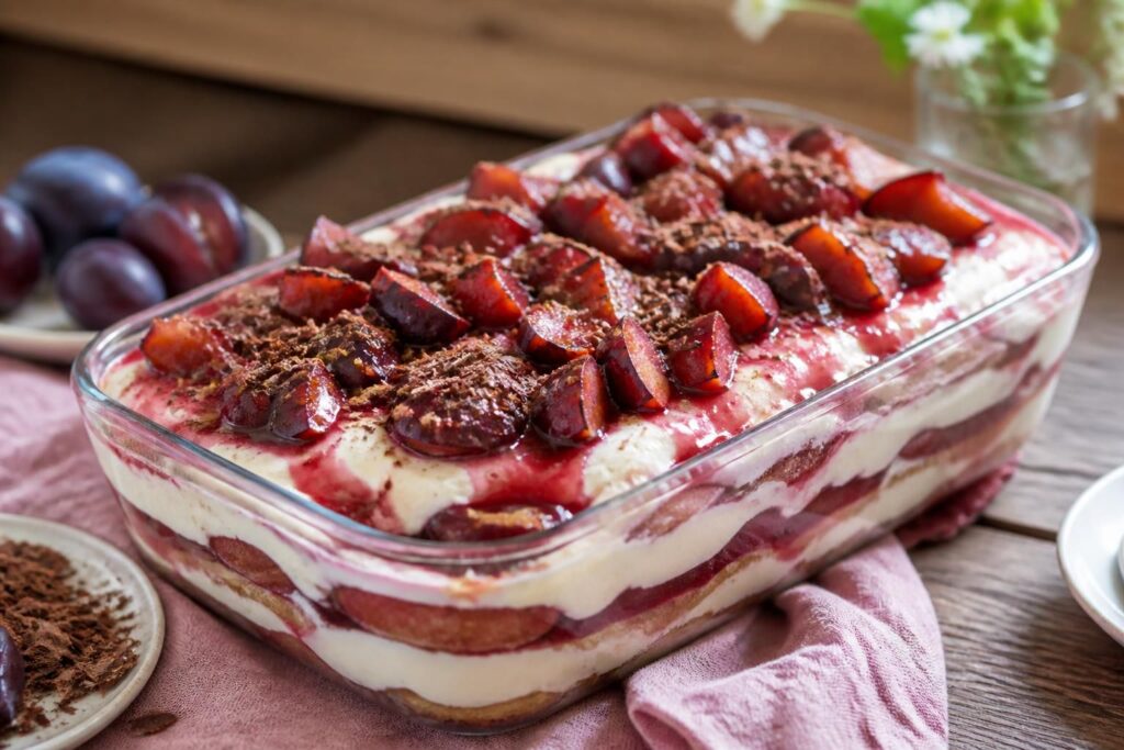 Zwetschgen-Tiramisu ohne Ei im Glas mit sichtbaren Schichten aus Mascarpone-Creme, Zwetschgenkompott und Löffelbiskuit, angerichtet auf einem Holztablett