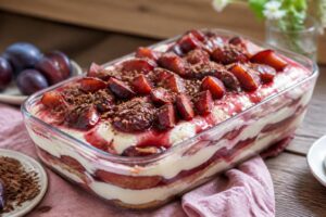 Zwetschgen-Tiramisu ohne Ei im Glas mit sichtbaren Schichten aus Mascarpone-Creme, Zwetschgenkompott und Löffelbiskuit, angerichtet auf einem Holztablett