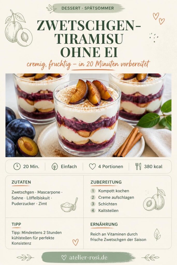 Zwetschgen-Tiramisu ohne Ei im Glas mit Schichten aus Mascarpone-Creme und Zwetschgenkompott