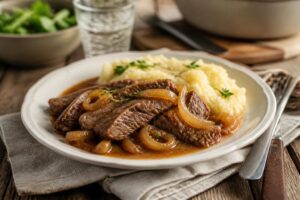 Zwiebelfleisch nach Omas Art: zart geschmorter Schweinenacken mit karamellisierten Zwiebeln in Biersauce, serviert mit Spätzle auf einem rustikalen Teller