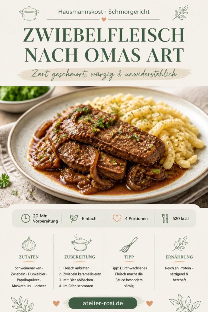 Zwiebelfleisch nach Omas Art – zart geschmorter Schweinenacken mit karamellisierten Zwiebeln und Dunkelbier